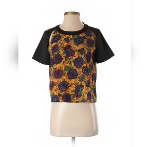 inLUV S Short CutOut Tee Back Zip Gold Black Floral Baseball Sleeve Style NO TAG